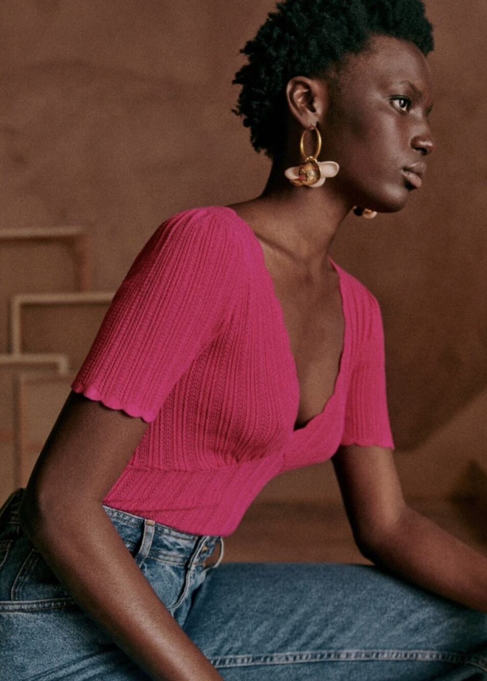 SEZANE Cloe Knit Jumper Blouse Scalloped Fuchsia Pink Sz XXL $130 {3V10}